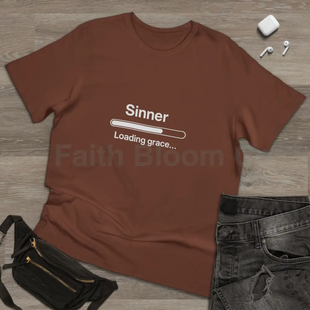 Sinner. Loading Grace… 77% T‑Shirt — Minimalist Catholic Humor Tee T-Shirt