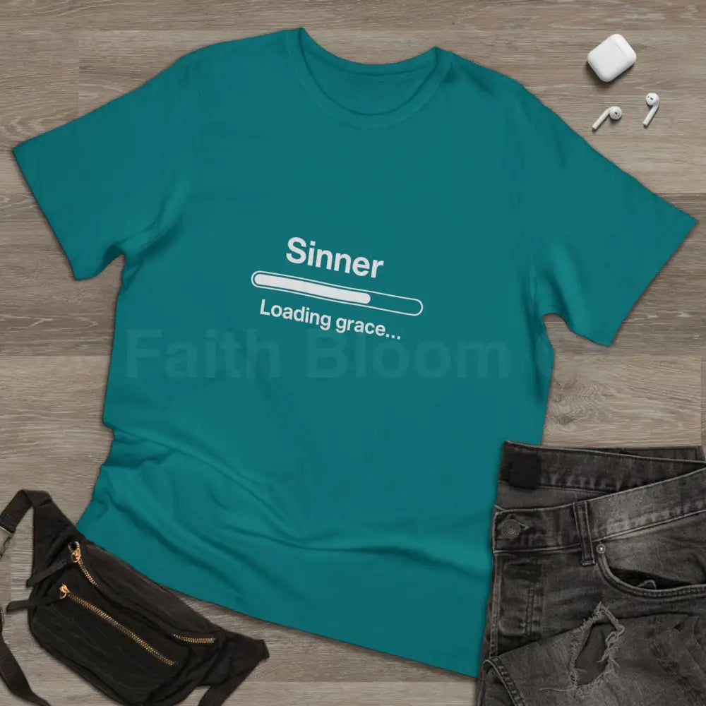 Sinner. Loading Grace… 77% T‑Shirt — Minimalist Catholic Humor Tee T-Shirt