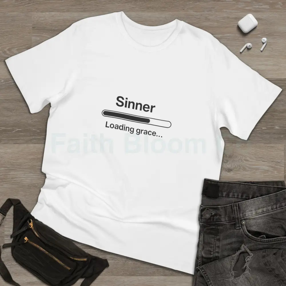Sinner. Loading Grace… 77% T‑Shirt — Minimalist Catholic Humor Tee T-Shirt