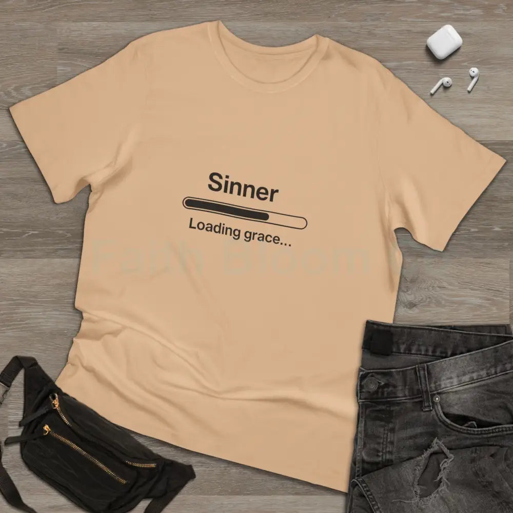 Sinner. Loading Grace… 77% T‑Shirt — Minimalist Catholic Humor Tee T-Shirt
