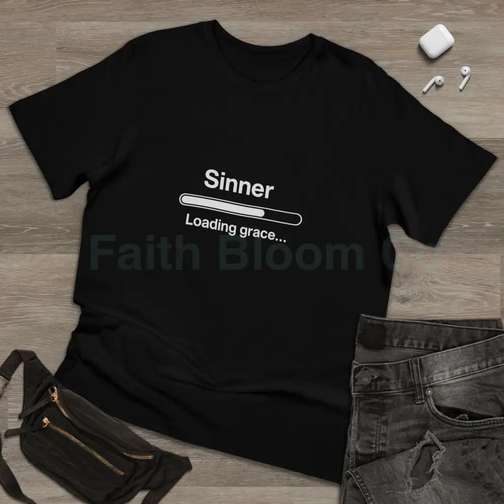 Sinner. Loading Grace… 77% T‑Shirt — Minimalist Catholic Humor Tee T-Shirt