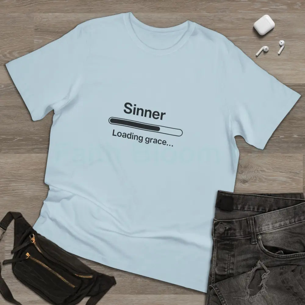Sinner. Loading Grace… 77% T‑Shirt — Minimalist Catholic Humor Tee T-Shirt