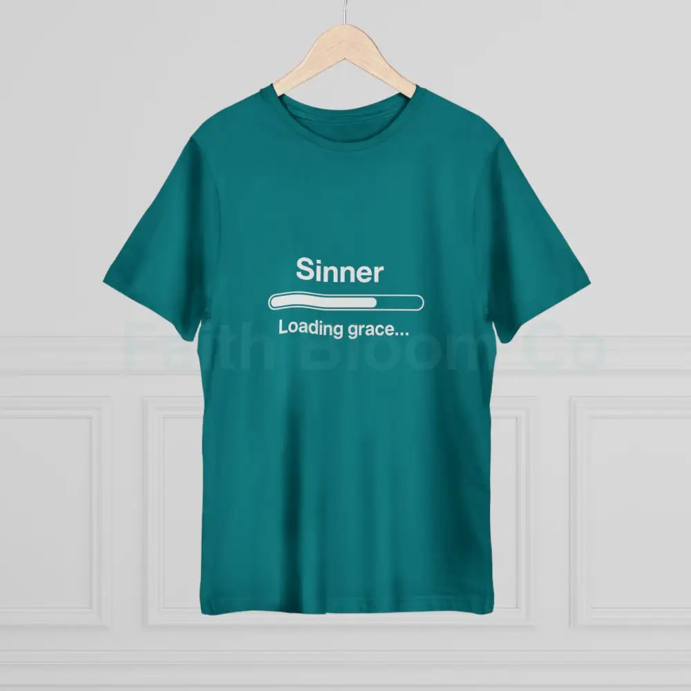 Sinner. Loading Grace… 77% T‑Shirt — Minimalist Catholic Humor Tee T-Shirt