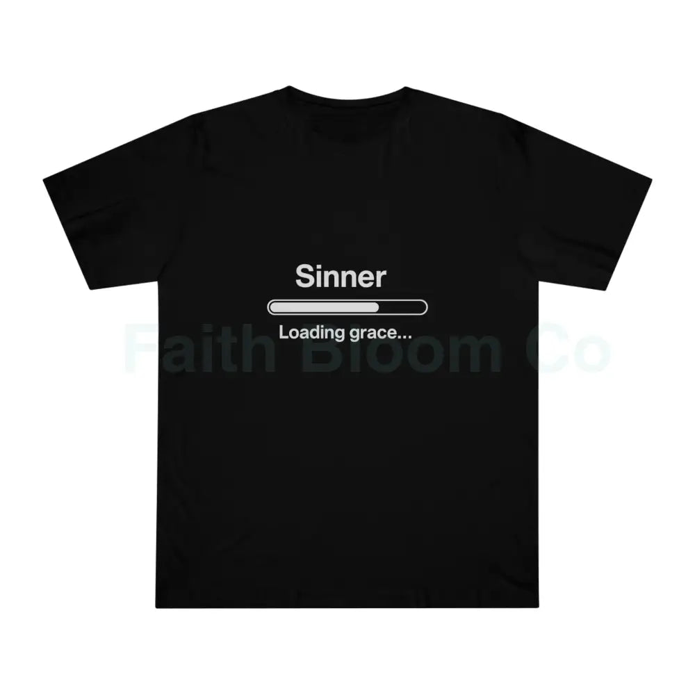 Sinner. Loading Grace… 77% T‑Shirt — Minimalist Catholic Humor Tee Black / XS T-Shirt