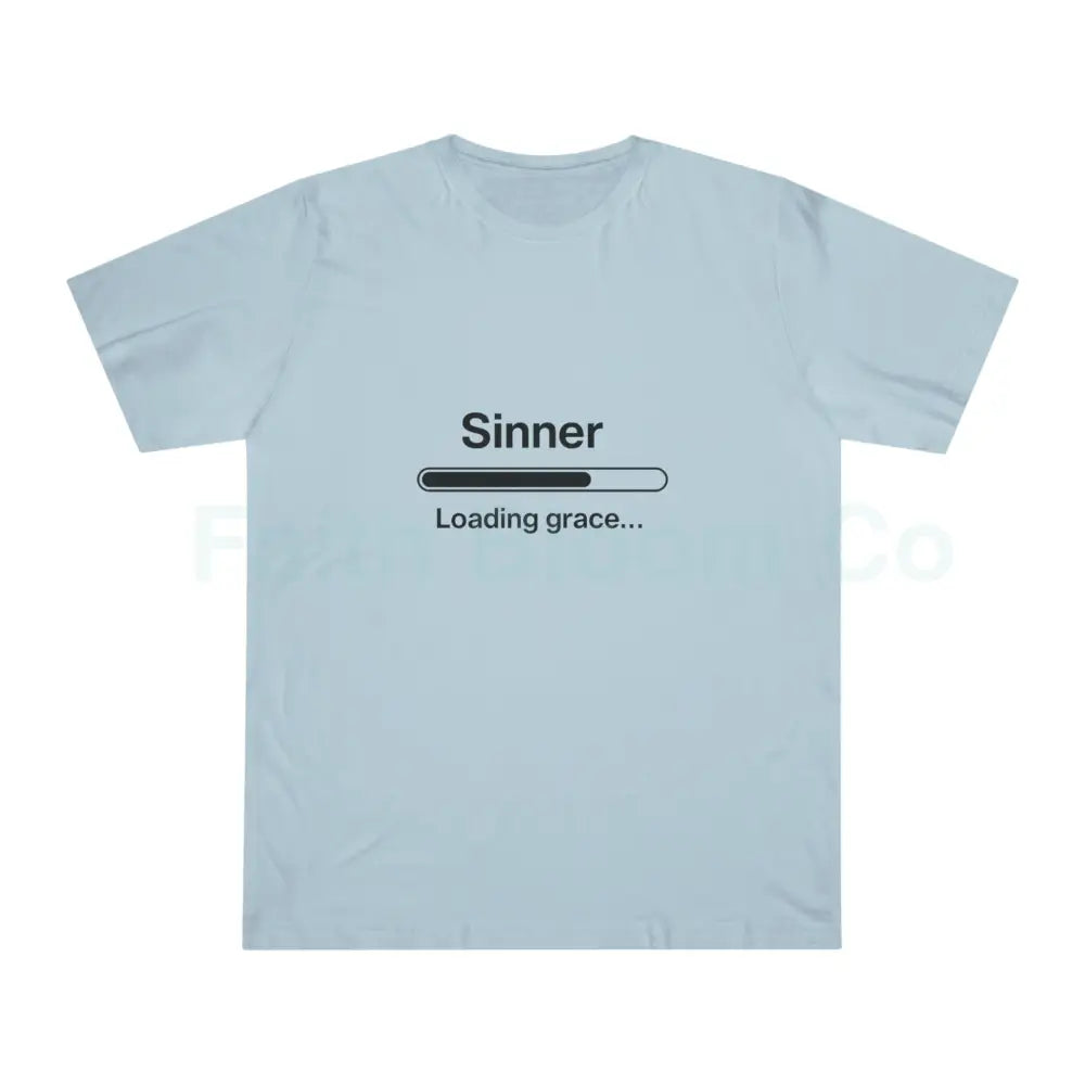 Sinner. Loading Grace… 77% T‑Shirt — Minimalist Catholic Humor Tee Blue Mist / XS T-Shirt