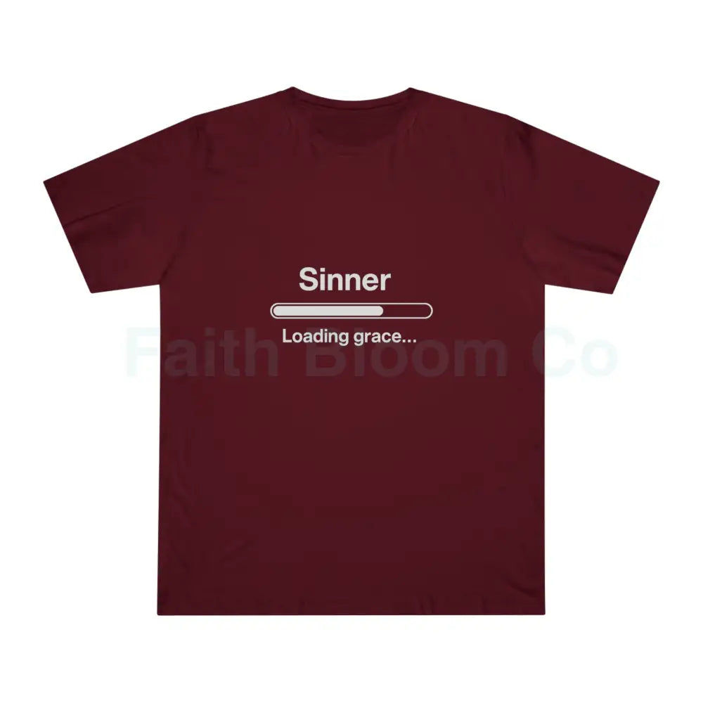 Sinner. Loading Grace… 77% T‑Shirt — Minimalist Catholic Humor Tee Burgundy / XS T-Shirt