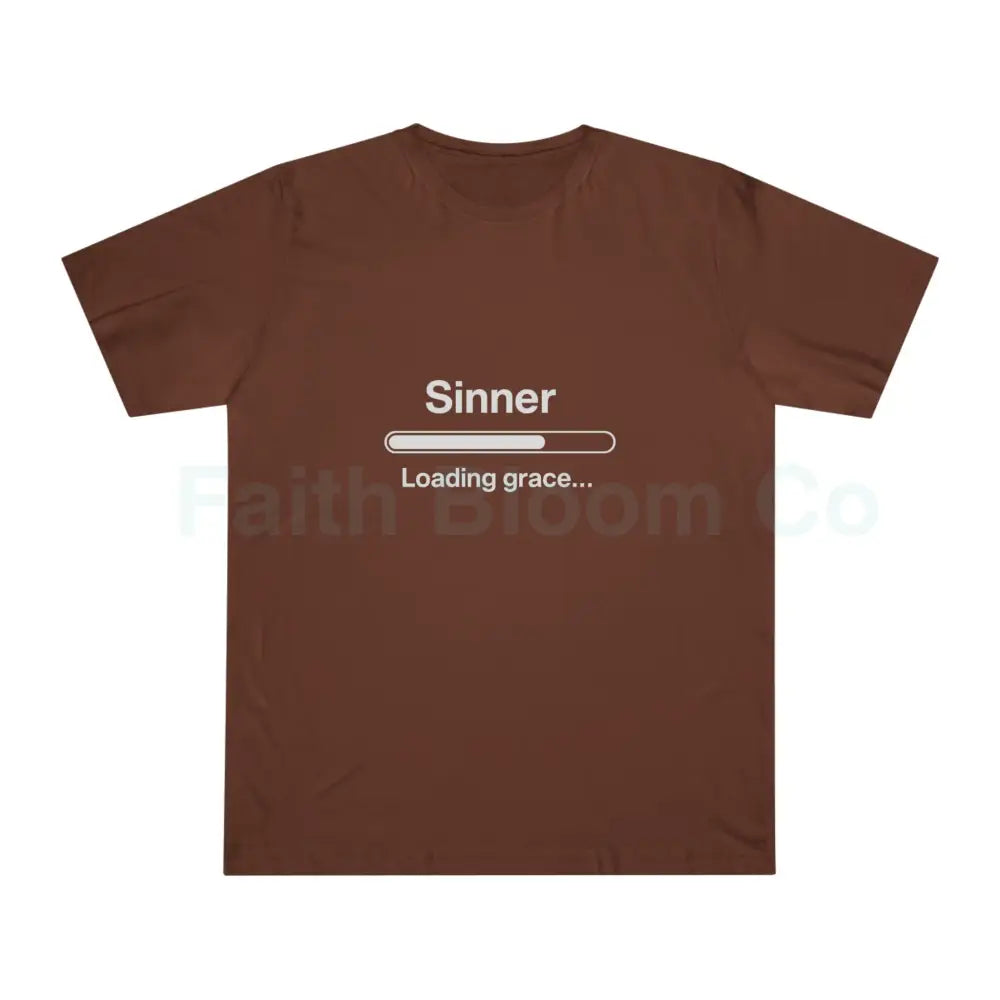 Sinner. Loading Grace… 77% T‑Shirt — Minimalist Catholic Humor Tee Chestnut / XS T-Shirt