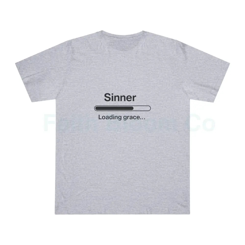 Sinner. Loading Grace… 77% T‑Shirt — Minimalist Catholic Humor Tee Heather Grey / XS T-Shirt