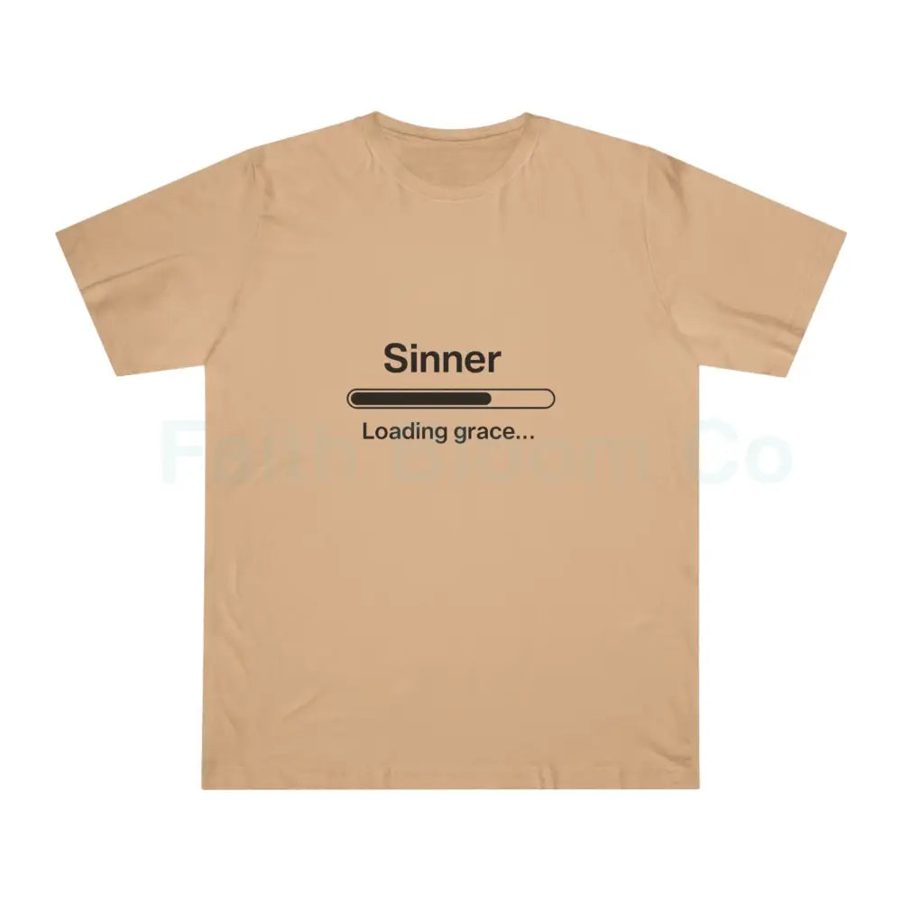 Sinner. Loading Grace… 77% T‑Shirt — Minimalist Catholic Humor Tee Mushroom / XS T-Shirt