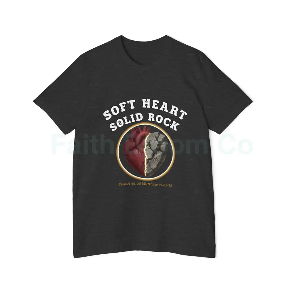 Soft Heart Solid Rock Christian T-Shirt — Ezekiel 36:26 · Matthew 7:24–25 Dark Grey Heather / XS T-Shirt