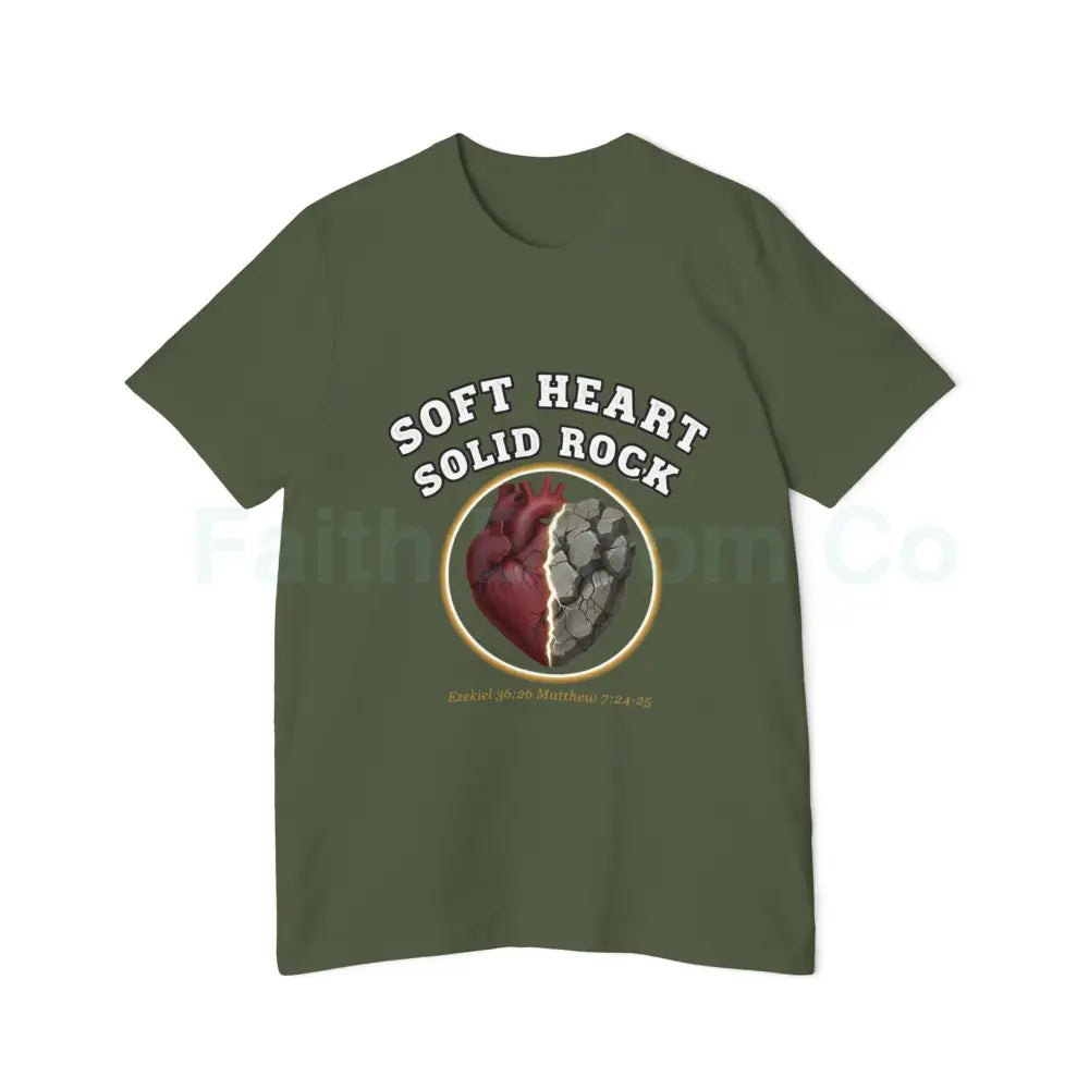 Soft Heart Solid Rock Christian T-Shirt — Ezekiel 36:26 · Matthew 7:24–25 Military Green / XS T-Shirt