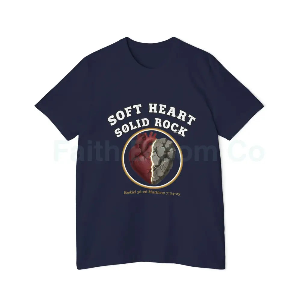Soft Heart Solid Rock Christian T-Shirt — Ezekiel 36:26 · Matthew 7:24–25 Navy / XS T-Shirt
