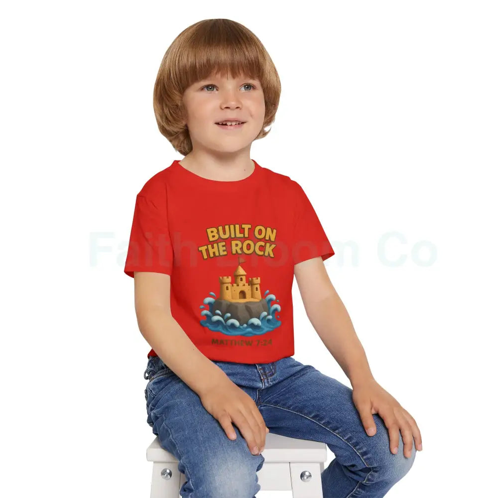 Toddler T-Shirt Featuring Cute Castle Design - Built on the Rock Matthew 7:24 Kids Gift Birthday Shirt Faith-Based