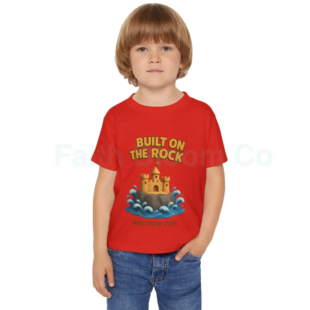 Toddler T-Shirt Featuring Cute Castle Design - Built on the Rock Matthew 7:24 Kids Gift Birthday Shirt Faith-Based