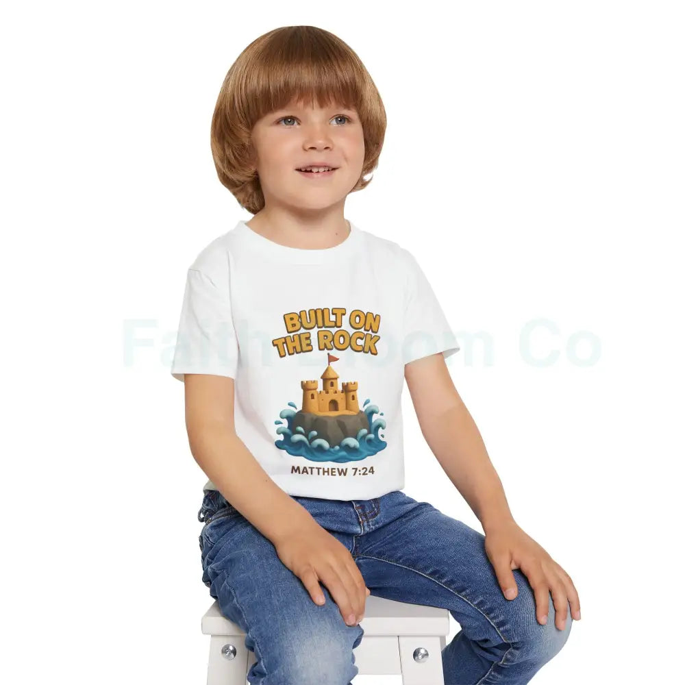 Toddler T-Shirt Featuring Cute Castle Design - Built on the Rock Matthew 7:24 Kids Gift Birthday Shirt Faith-Based