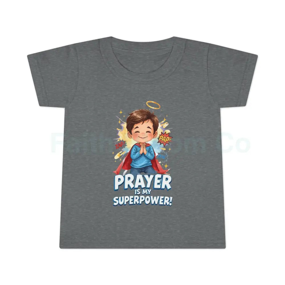 Toddler T-shirt — ’Prayer Is My Superpower’ Superhero Graphic Graphite Heather / 5T Kids clothes