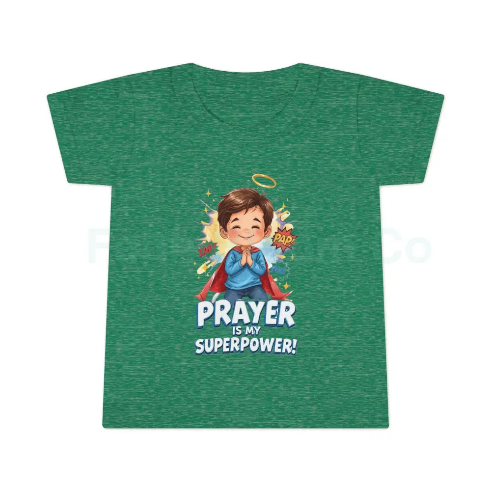 Toddler T-shirt — ’Prayer Is My Superpower’ Superhero Graphic Heather Irish Green / 6T Kids clothes