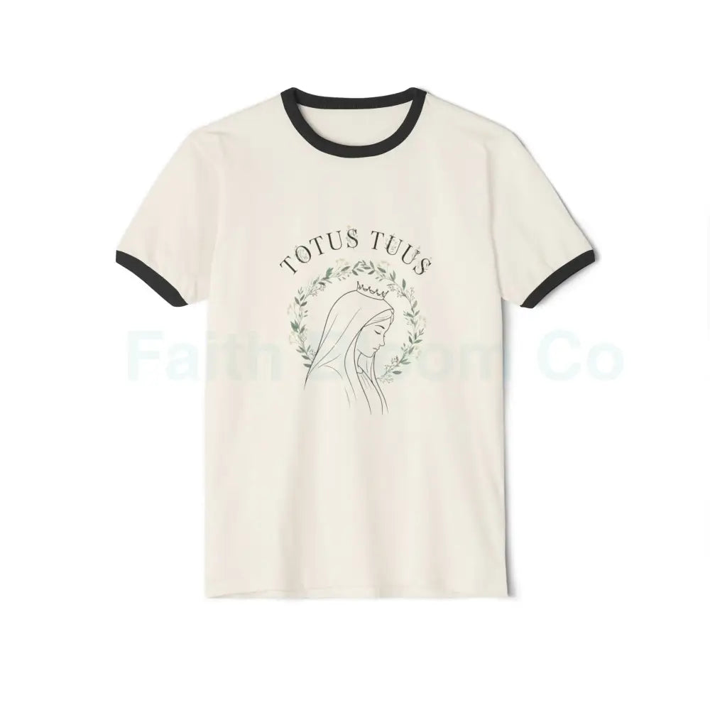 Totus Tuus Marian Ringer Tee — Minimalist Our Lady Line-Art Catholic T-Shirt Natural/Black / XS T-Shirt