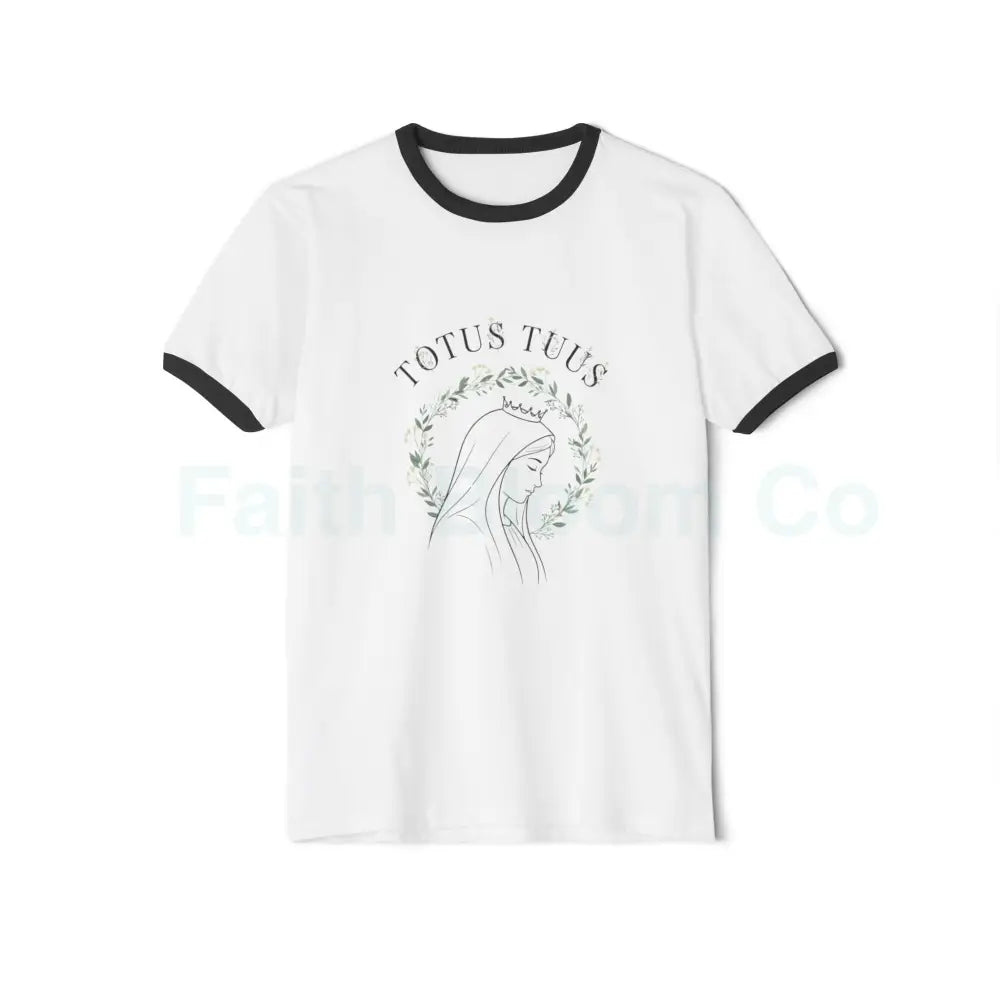 Totus Tuus Marian Ringer Tee — Minimalist Our Lady Line-Art Catholic T-Shirt White/Black / XS T-Shirt